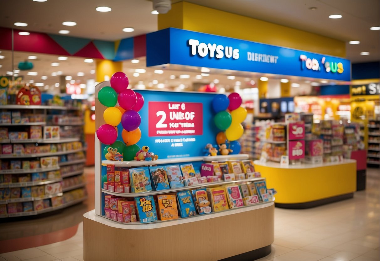 Toys R Us promotions in Singapore: A colorful display of frequently asked questions signs with various toy products in the background
