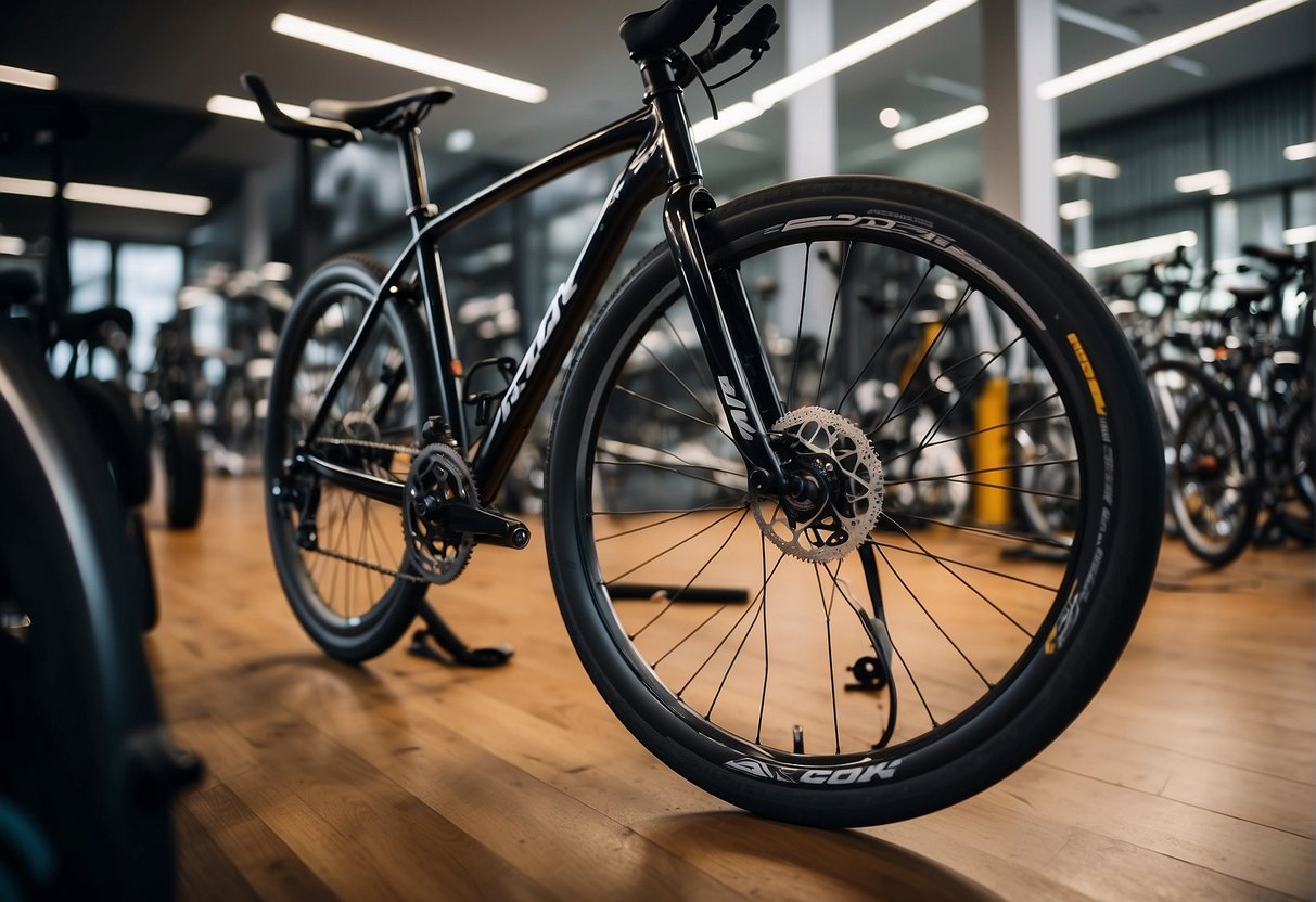 A bicycle with upgraded gear, including new tires, pedals, and handlebars, is displayed in a brightly lit showroom. The sleek and modern equipment is arranged attractively to catch the eye of potential customers