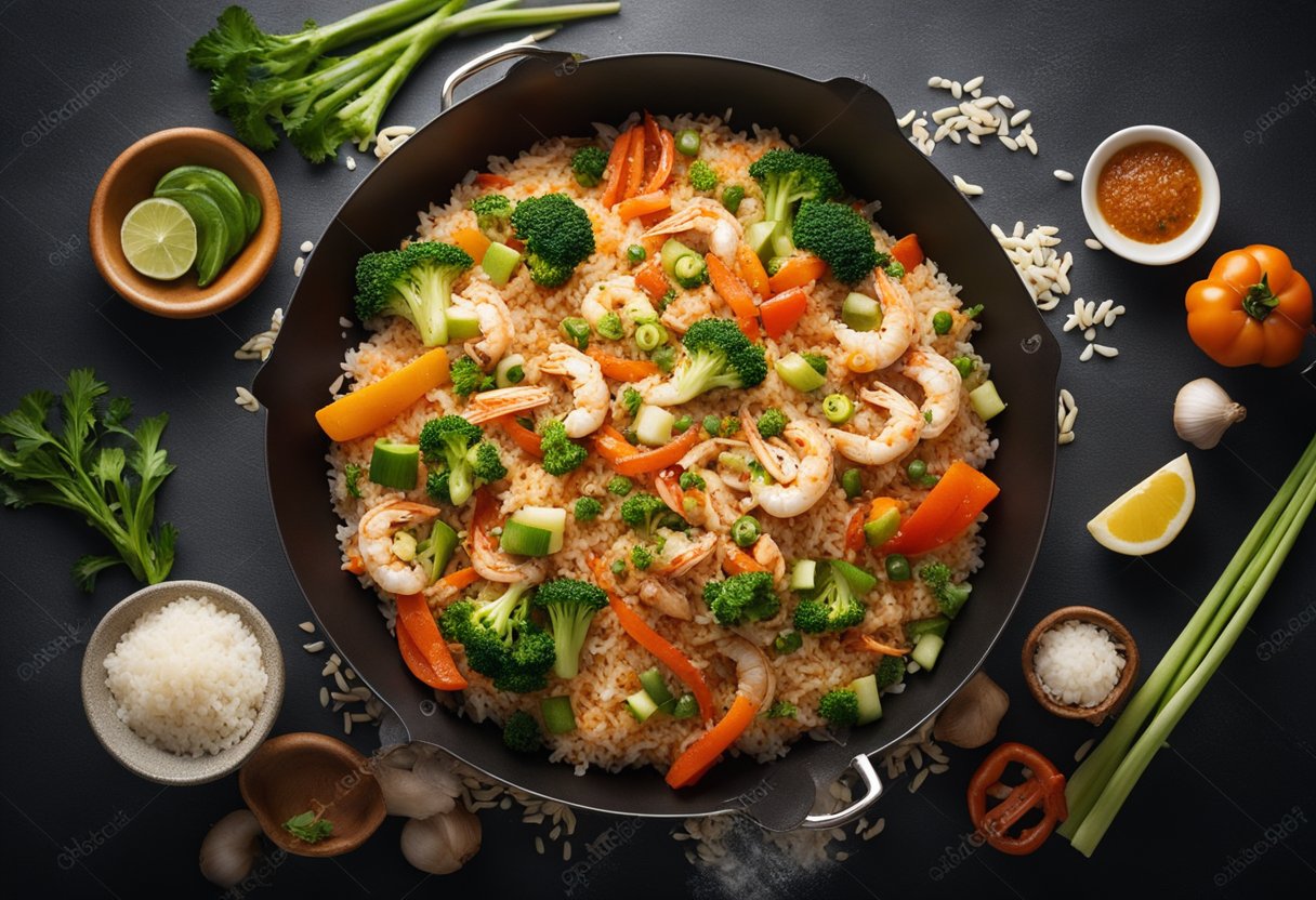 A sizzling wok tosses rice, crab, and vegetables, filling the air with savory aromas