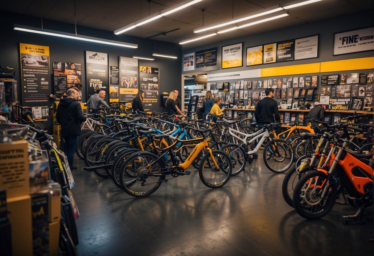 A crowded bike shop with promotional banners and flyers on display. Customers browsing and staff assisting
