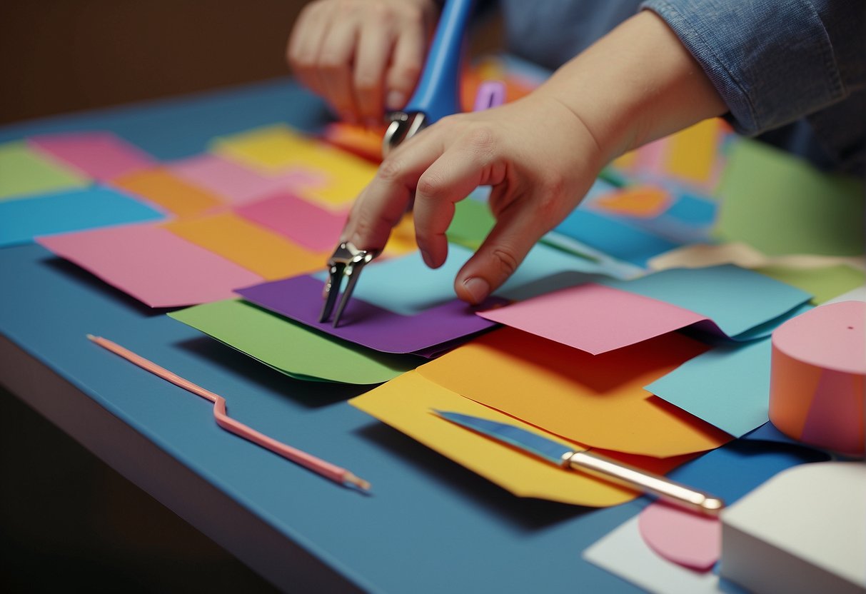 Colorful A4 paper spread on a table with scissors, glue, and markers. A child's hand reaches for a sheet, ready to begin a paper craft project