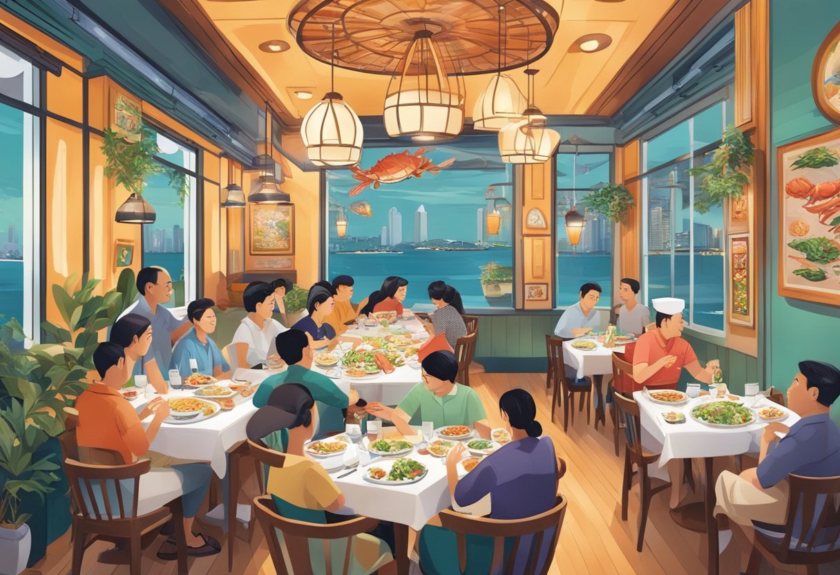 Customers dining at a lively seafood restaurant in Singapore, surrounded by vibrant decor and the aroma of fresh crab dishes