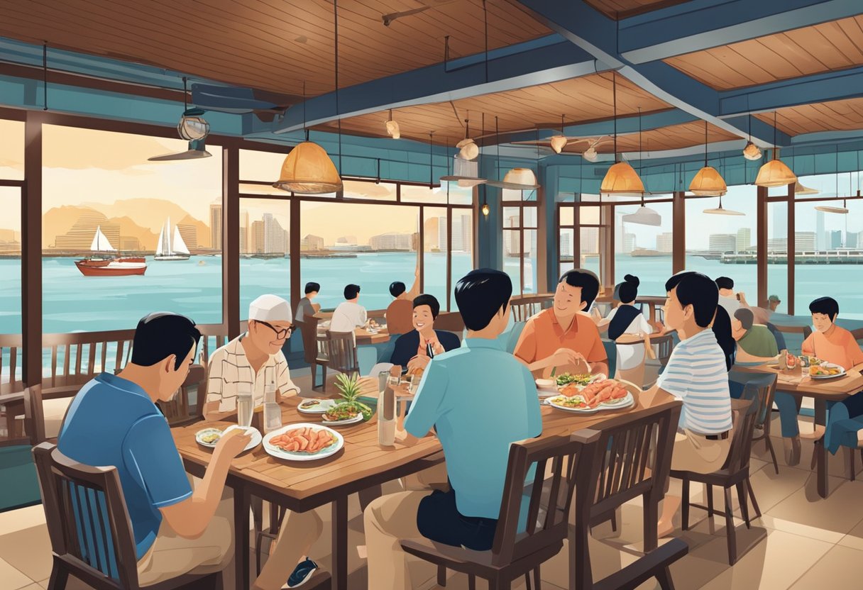 Customers enjoying fresh seafood at the lively Crab House restaurant in Singapore