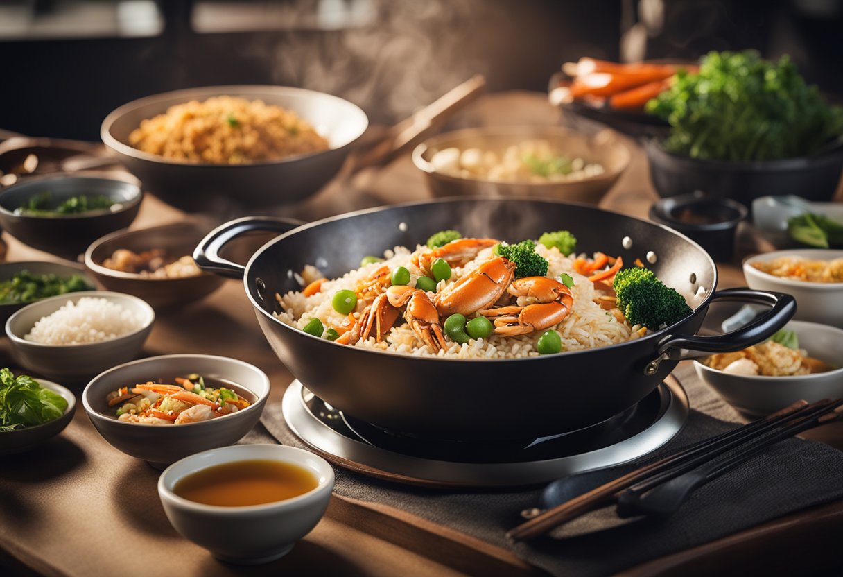 A wok sizzling with crab, rice, and vegetables, with soy sauce and spices nearby for the crab fried rice illustration
