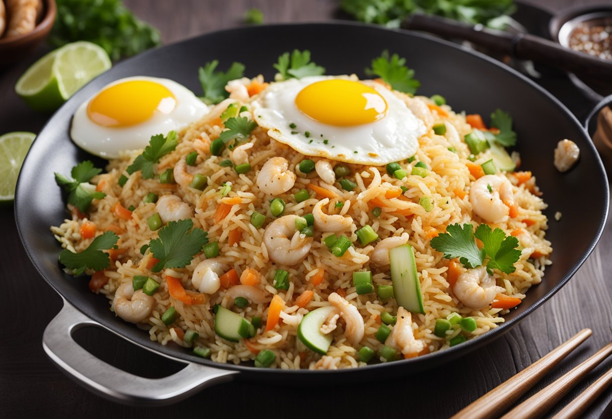 A wok sizzles with crab fried rice, as a chef tosses in eggs, crab meat, and vegetables. Garnish with cilantro and lime wedges for serving