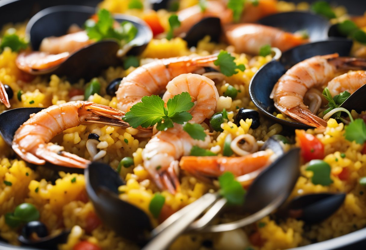 A sizzling pan of seafood paella with vibrant colors and aromatic steam rising, surrounded by fresh ingredients and a hint of Singaporean spices