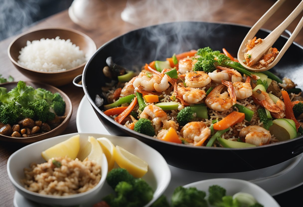 A sizzling wok tosses chunks of crab, veggies, and rice, infusing the air with the aroma of savory spices and herbs