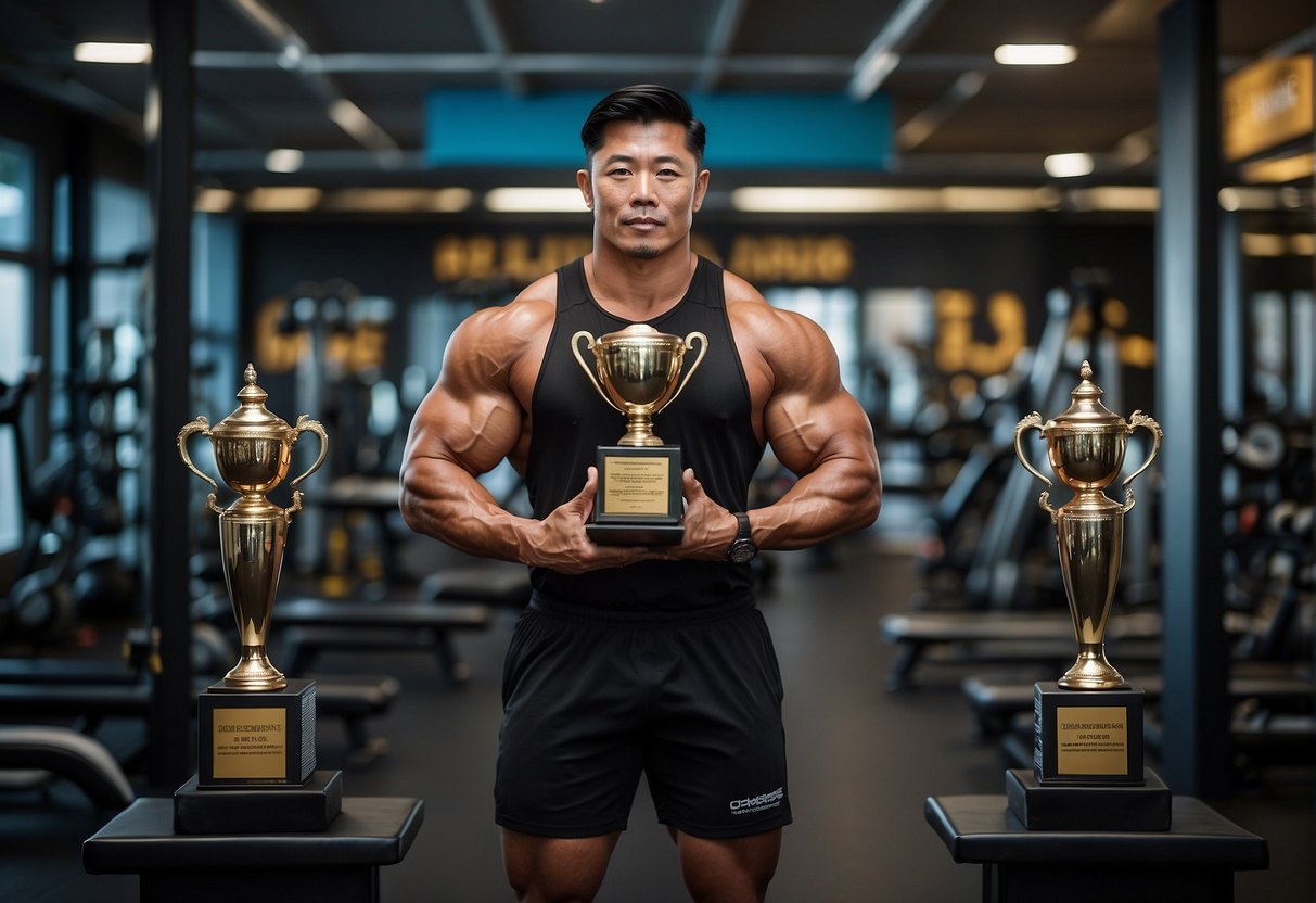 A muscular figure poses with a trophy in a gym, surrounded by bodybuilding equipment and promotional banners in Singapore