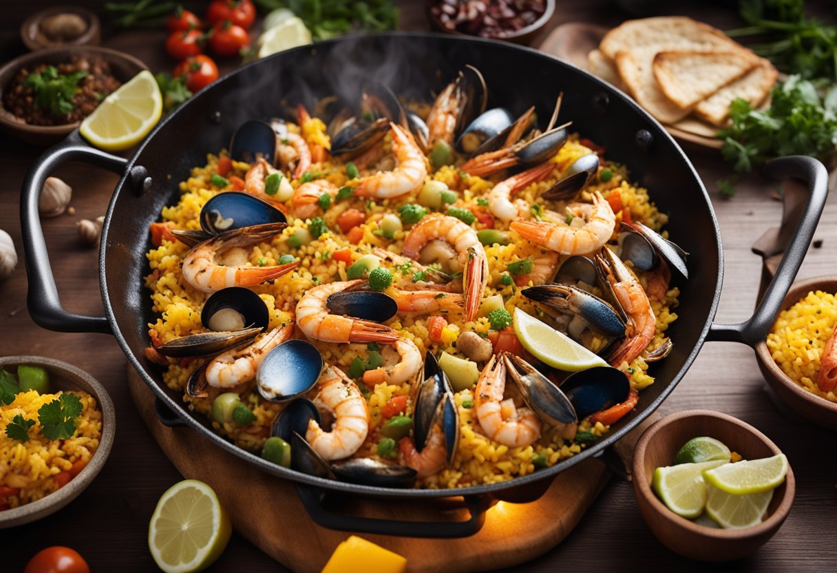 A large paella pan filled with colorful seafood, rice, vegetables, and aromatic spices sizzling over an open flame, creating a tantalizing aroma