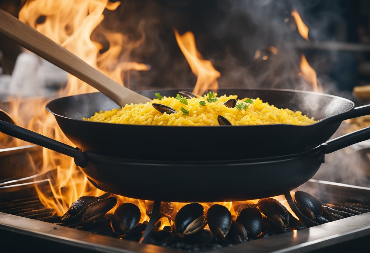 A large pan sizzles over an open flame, filled with vibrant yellow rice, mussels, shrimp, and squid. Steam rises as the chef sprinkles saffron and stirs the paella with a wooden spoon