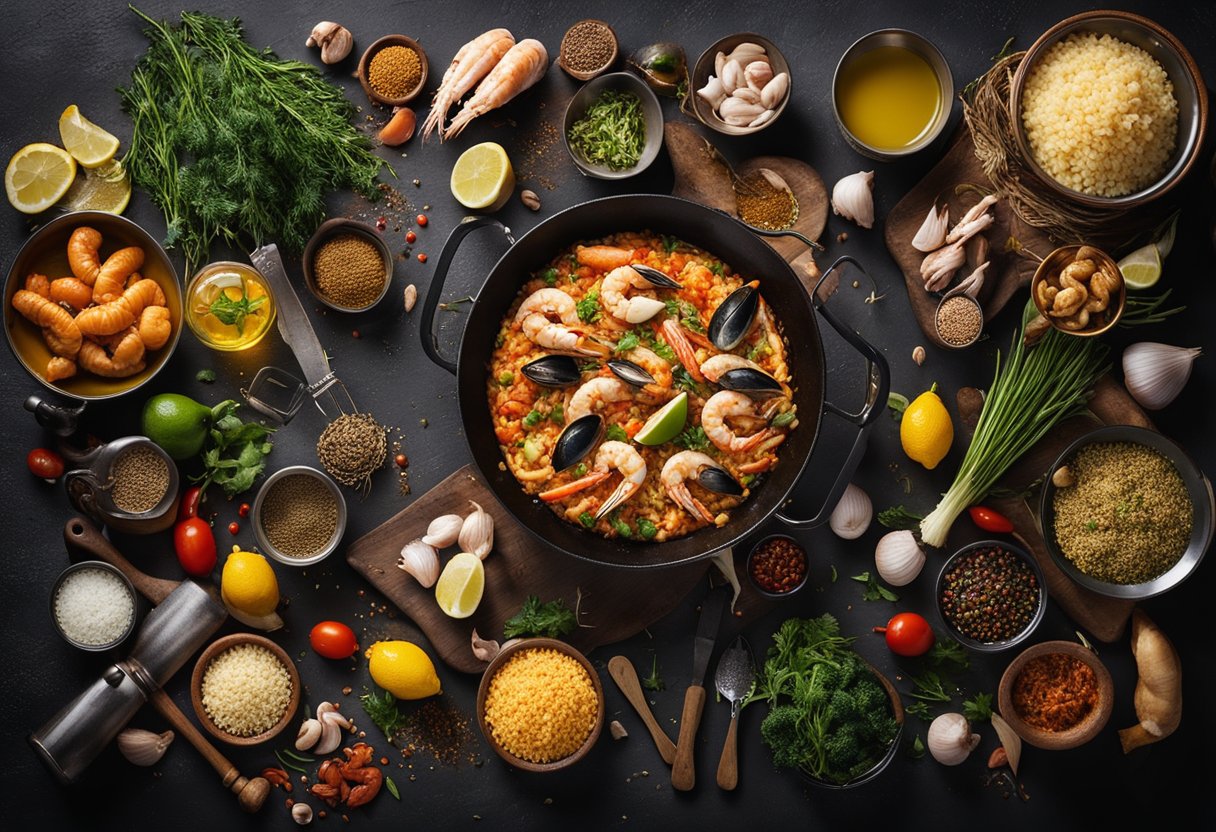 A large paella pan filled with colorful seafood, rice, and aromatic spices sizzling over an open flame, surrounded by ingredients and cooking utensils