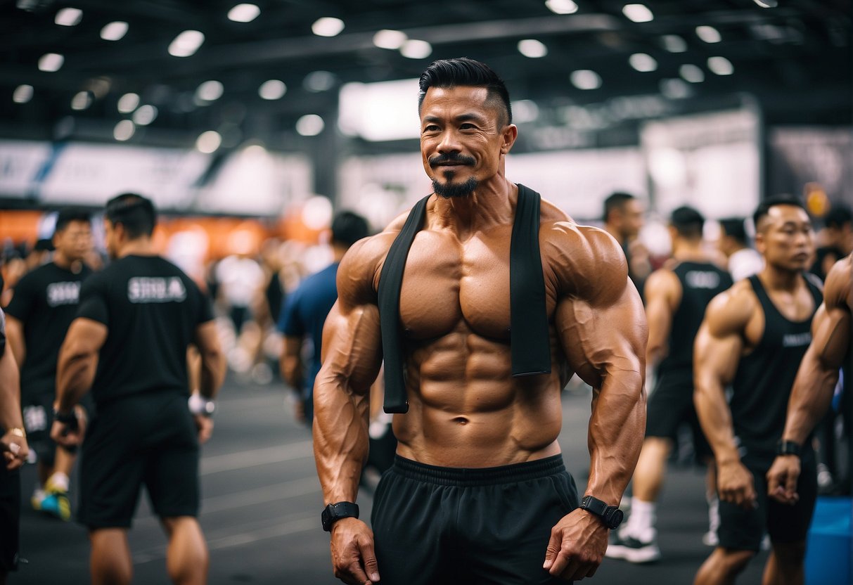A crowded fitness expo in Singapore with bodybuilders showcasing their muscles and promoting fitness products