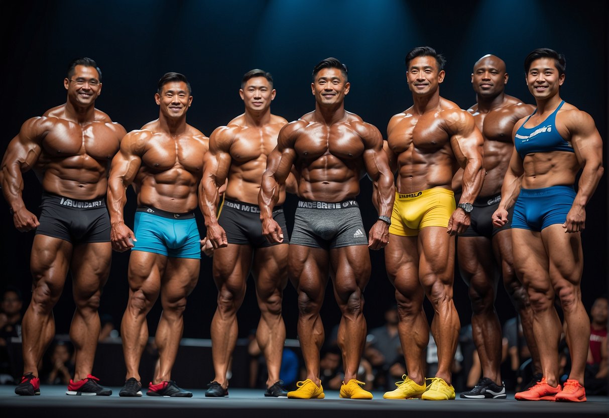Muscular competitors pose on stage at a bodybuilding event in Singapore. Audience cheers and judges observe closely