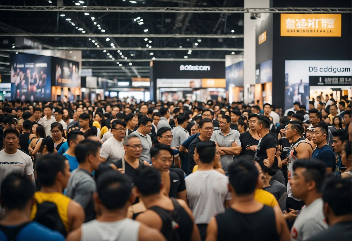 A crowded fitness expo in Singapore, with banners and booths promoting bodybuilding products and services