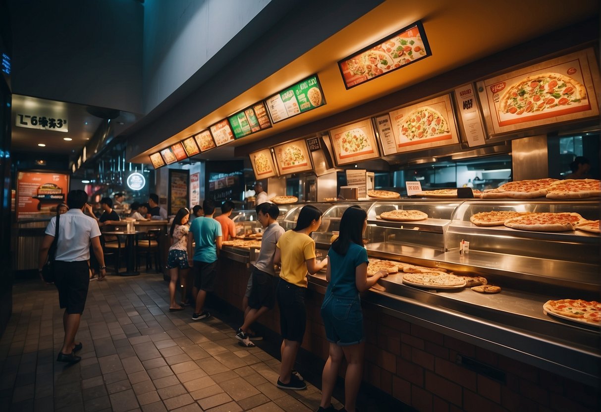 A bustling pizza restaurant in Singapore showcases vibrant promotional signs and happy customers enjoying discounted pizza slices