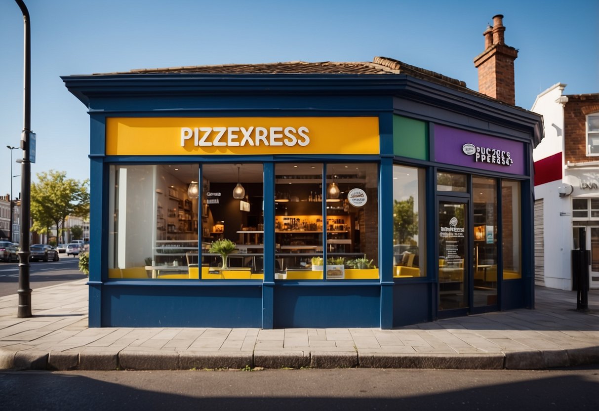 A colorful PizzaExpress storefront with bold signage, showcasing current promotions in vibrant colors and enticing imagery. Outdoor seating area with happy customers enjoying their meals