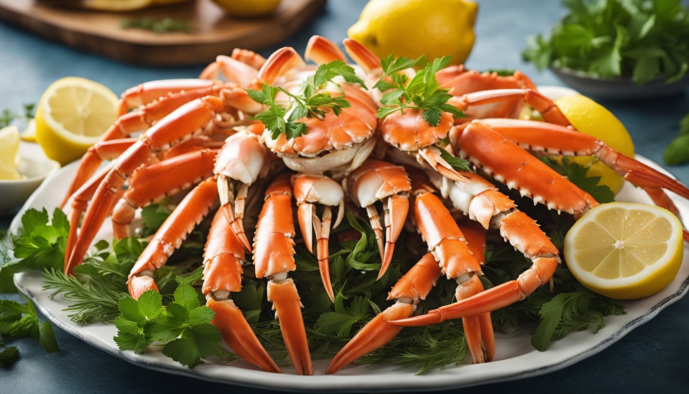 A pile of crab legs arranged on a platter, surrounded by lemon wedges and garnished with fresh herbs