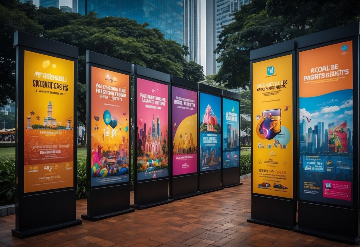 A colorful display of promotional posters and banners fills the window, showcasing events and activities in the park in Singapore