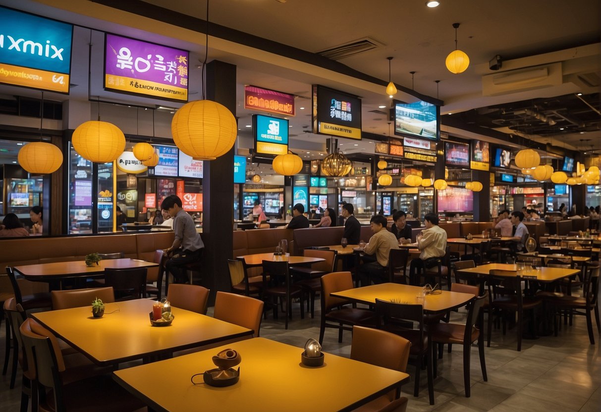 Colorful banners and signs displaying "Exciting Promotions and Deals for 2024" at Yakimix promotions in Singapore. Tables filled with happy customers enjoying the special offers