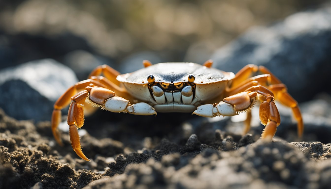 A crab scuttles out from under a rock, revealing its long, spindly legs