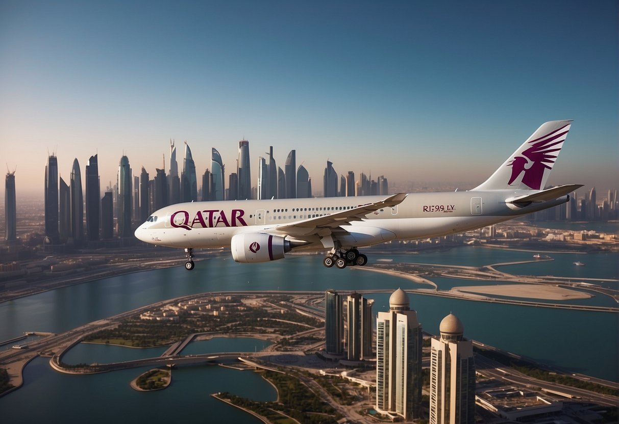 A luxurious Qatar Airways plane flying over a modern city skyline, with a sleek hotel in the background