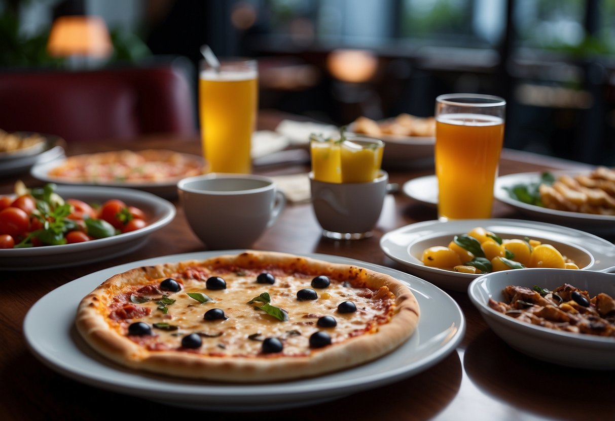 A table set with pizza, drinks, and promotional materials at a Pizza Express location in Singapore. A vibrant atmosphere with happy customers enjoying the experience