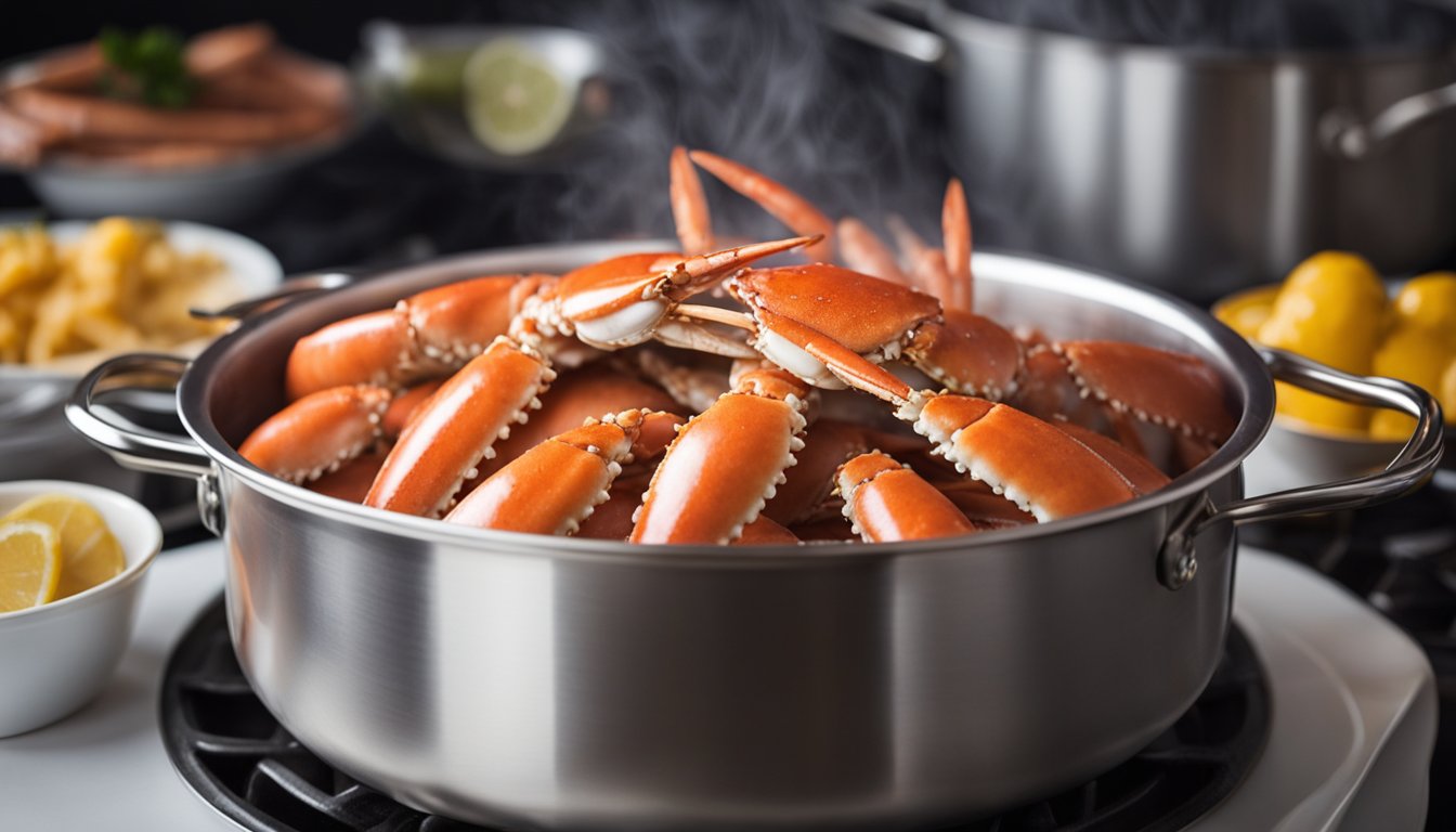 Crab legs being cleaned, cracked, and placed in a pot of boiling water. Steam rising as they cook, and a platter ready for serving
