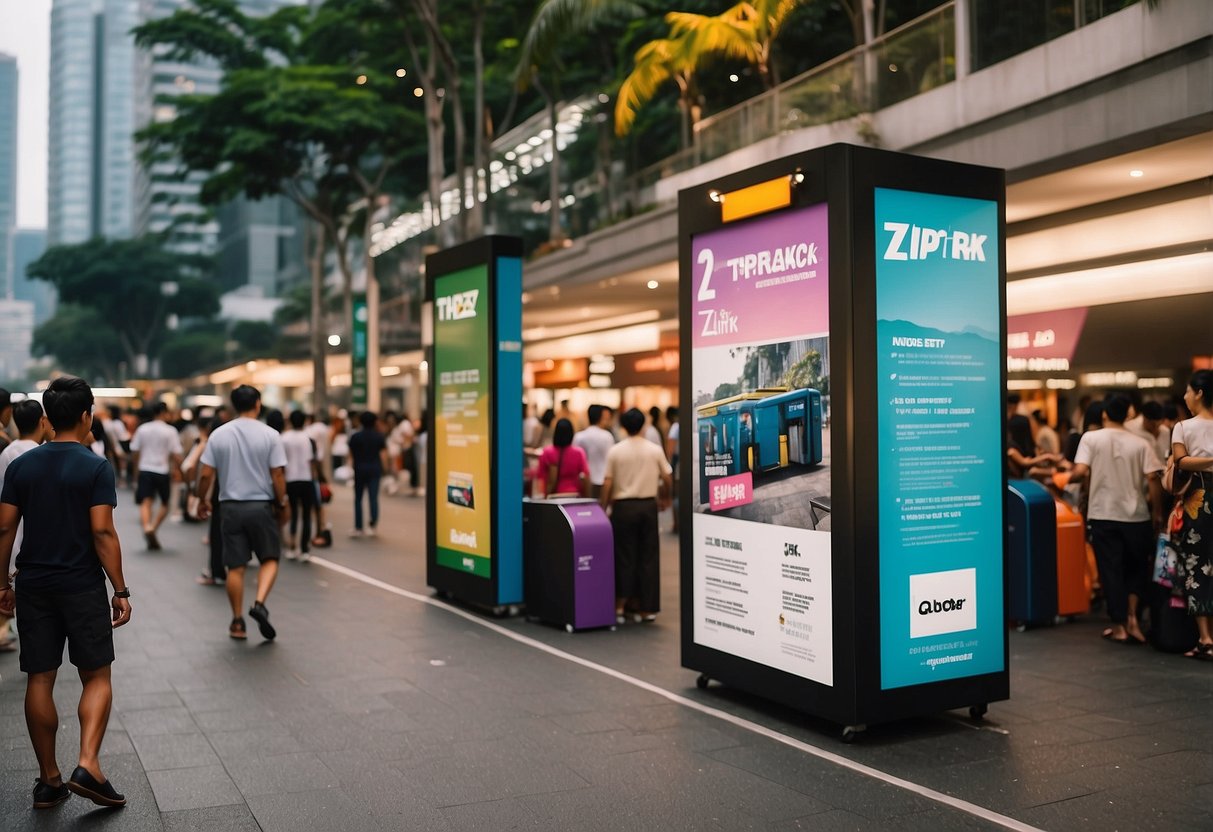A vibrant outdoor setting with Ziptrak promotional banners and products on display, surrounded by a bustling crowd in Singapore