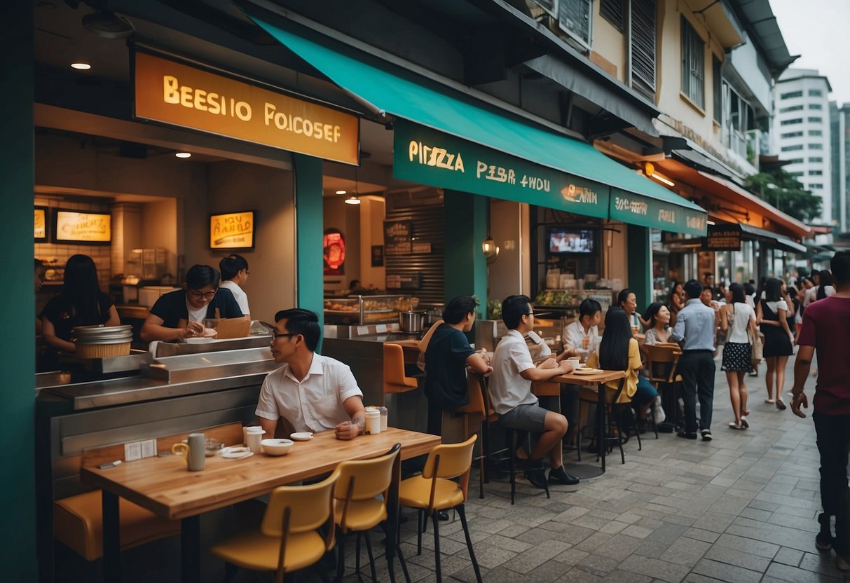 A busy pizza restaurant with colorful promotional signs and a queue of customers in Singapore