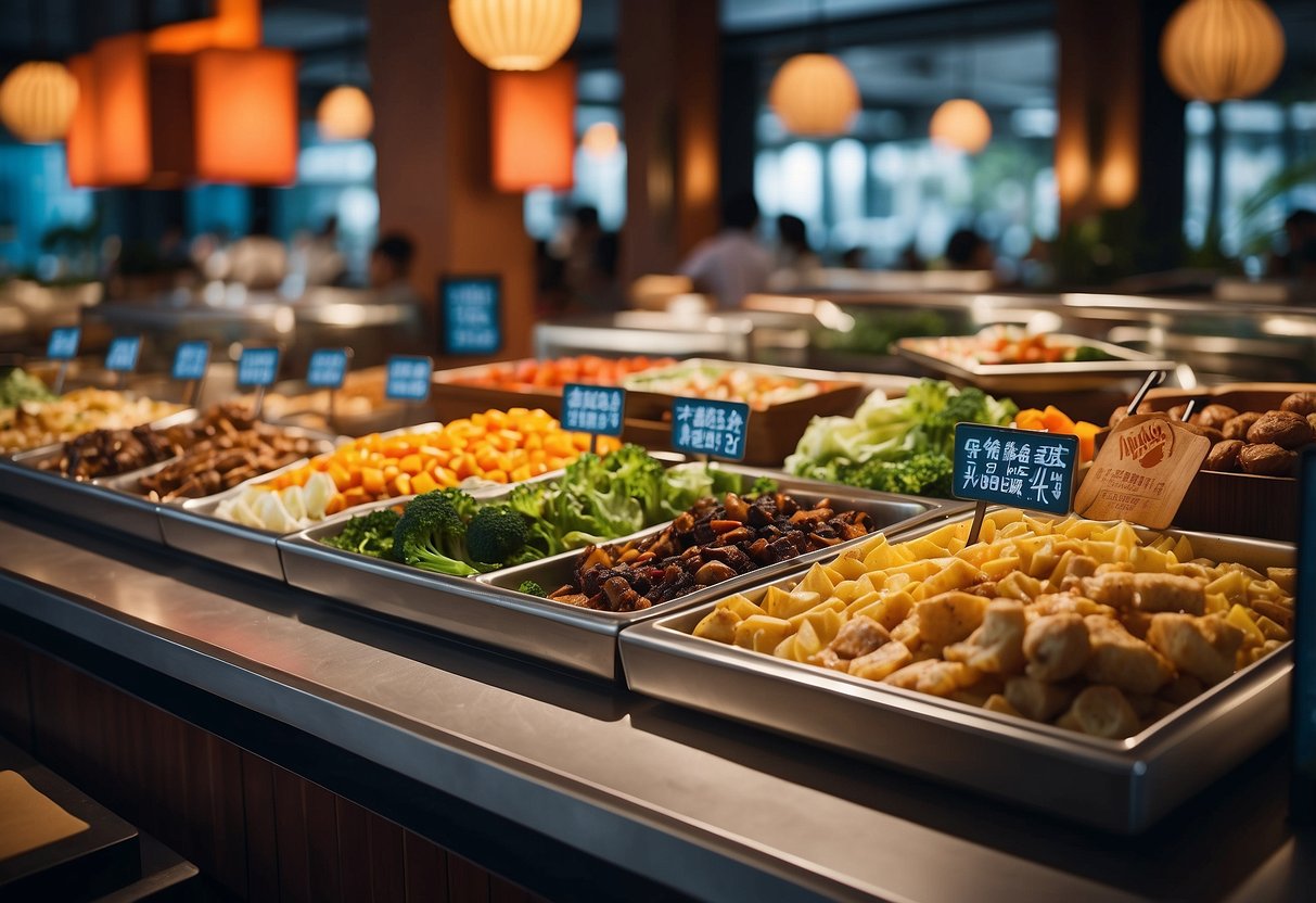 A colorful buffet restaurant with a prominent "Frequently Asked Questions" sign and various promotional materials for Yakimix in Singapore