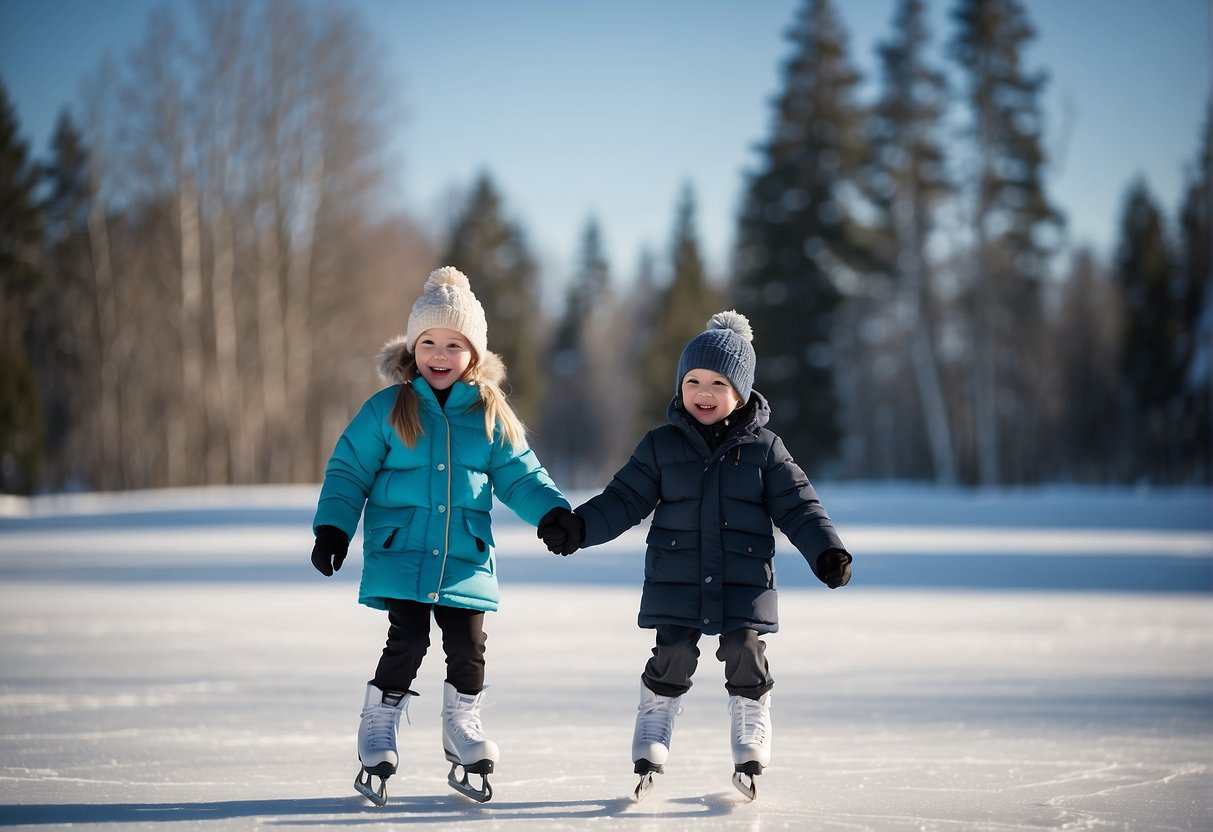 Children ice skating on a frozen pond, surrounded by snow-covered trees and a clear blue sky