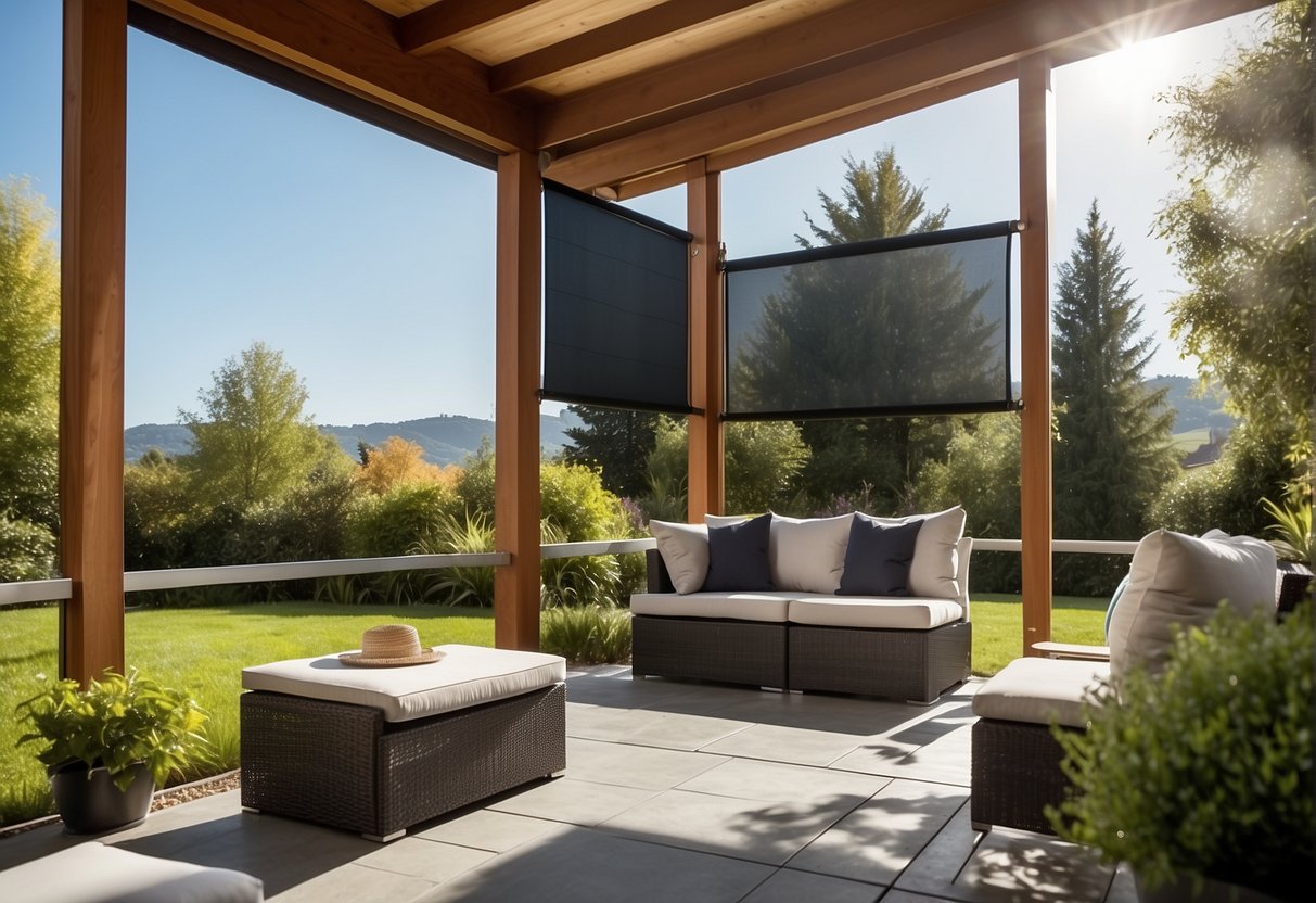 A sunny patio with Ziptrak® Outdoor Blinds partially lowered, showcasing their sleek design and smooth operation. Lush greenery and comfortable outdoor furniture complete the inviting scene