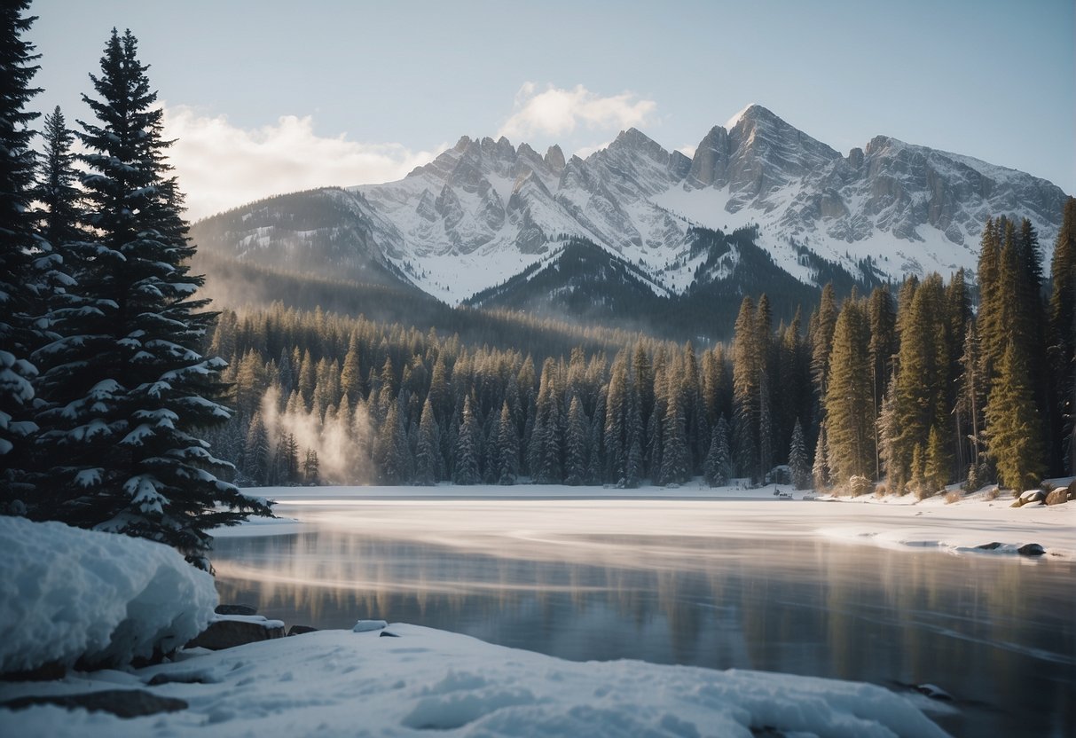 Snow-covered mountains, evergreen trees, and a frozen lake with people ice skating and snowshoeing. A cozy cabin with smoke rising from the chimney completes the winter scene