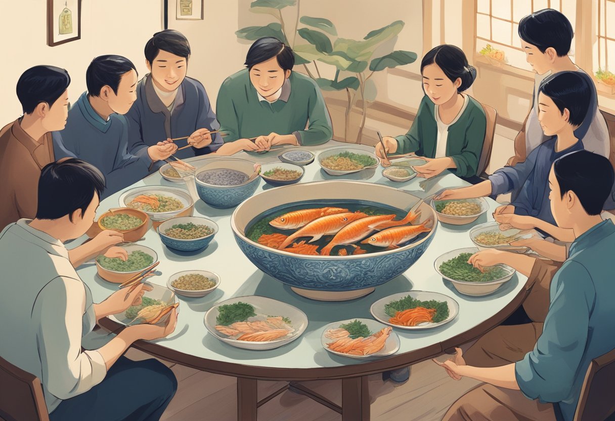 People gather around a table with a live fish in a bowl. Some are holding chopsticks, preparing to eat the fish while others watch. The atmosphere is lively and filled with cultural significance
