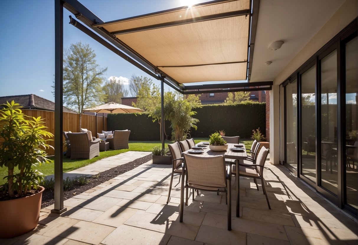 A sunny outdoor patio with a Ziptrak® blind fully extended, showcasing its ability to provide shade and protection from the elements
