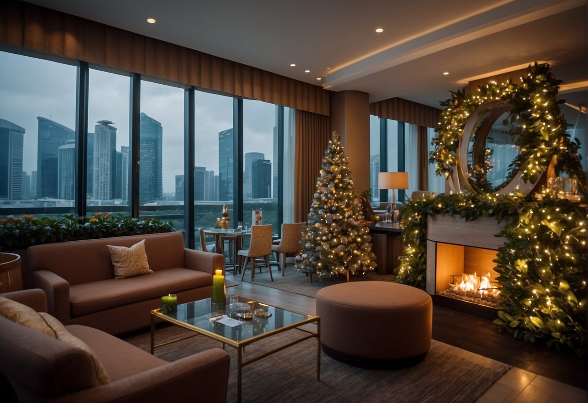 A festive scene at Holiday Inn window on the park in Singapore, with accommodation and events promotions displayed, inviting guests to stay and celebrate