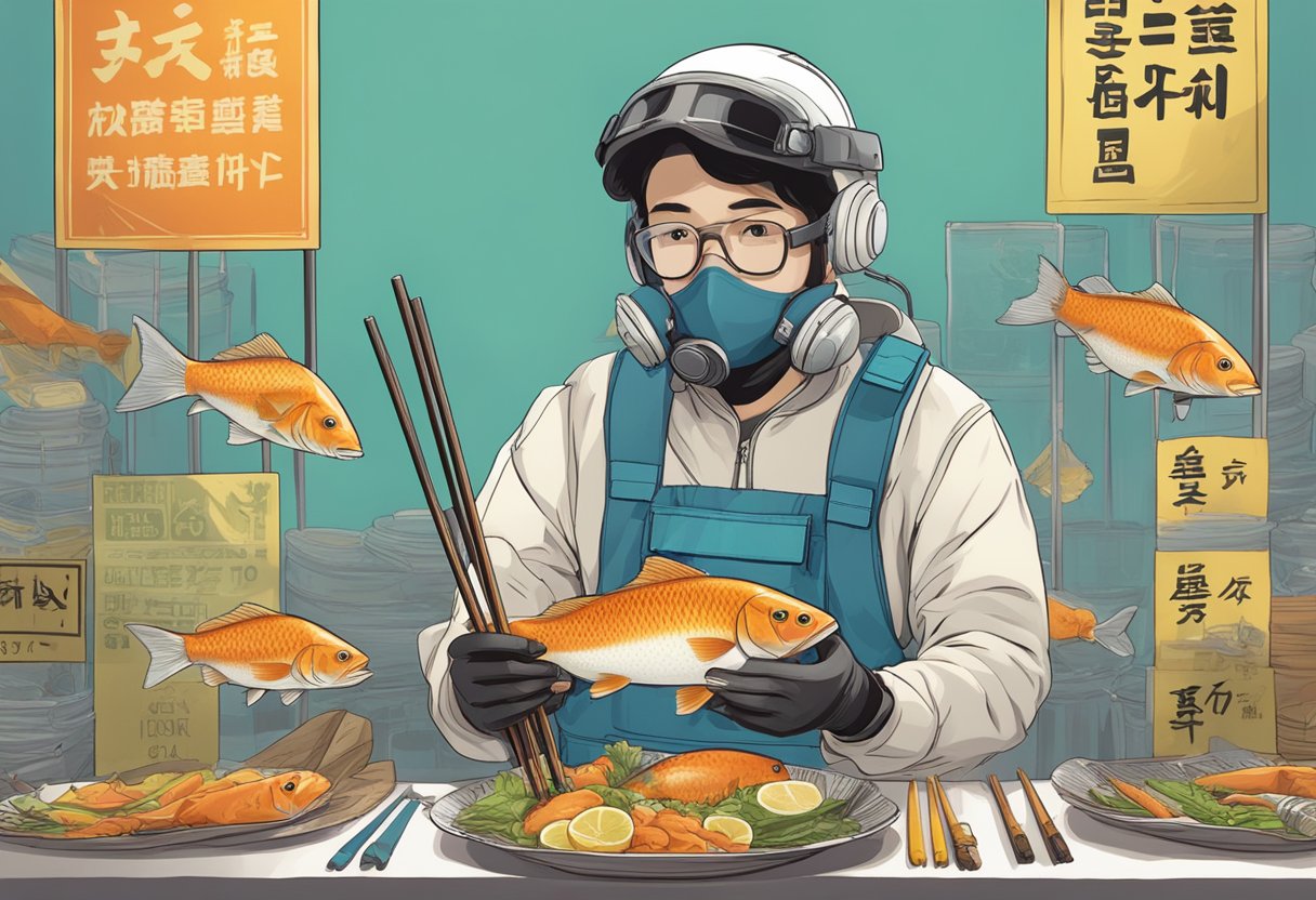 A person holding a live fish with chopsticks, surrounded by caution signs and protective gear