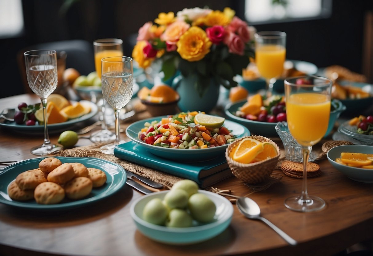 A table adorned with colorful dishes and drinks, surrounded by cheerful decorations