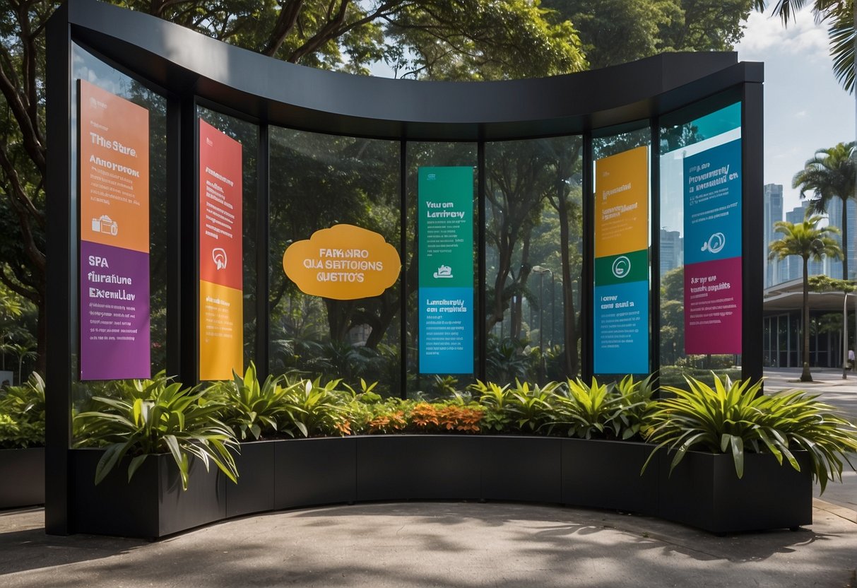 A colorful "Frequently Asked Questions" window stands prominently at the entrance of Park Promotions Singapore, showcasing various inquiries and responses in a clear and engaging manner