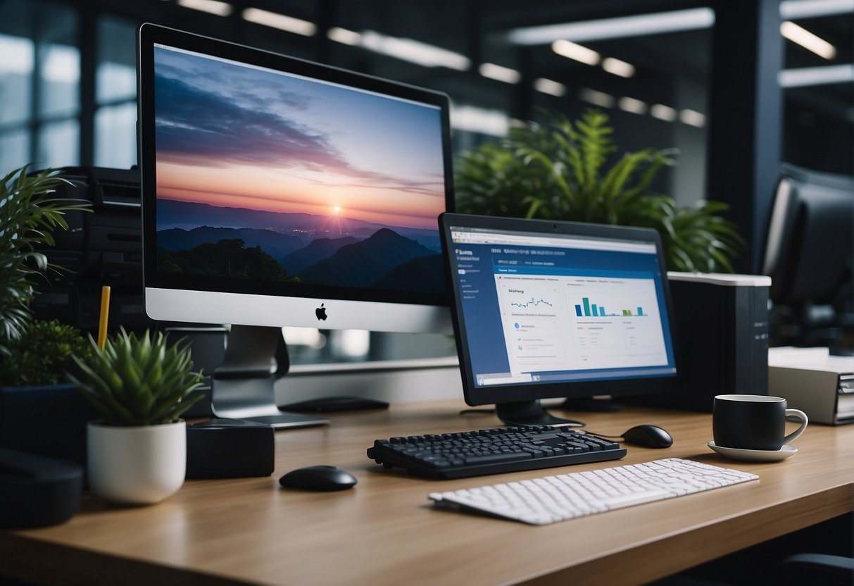 An office desk with a computer, printer, and promotional materials in Singapore