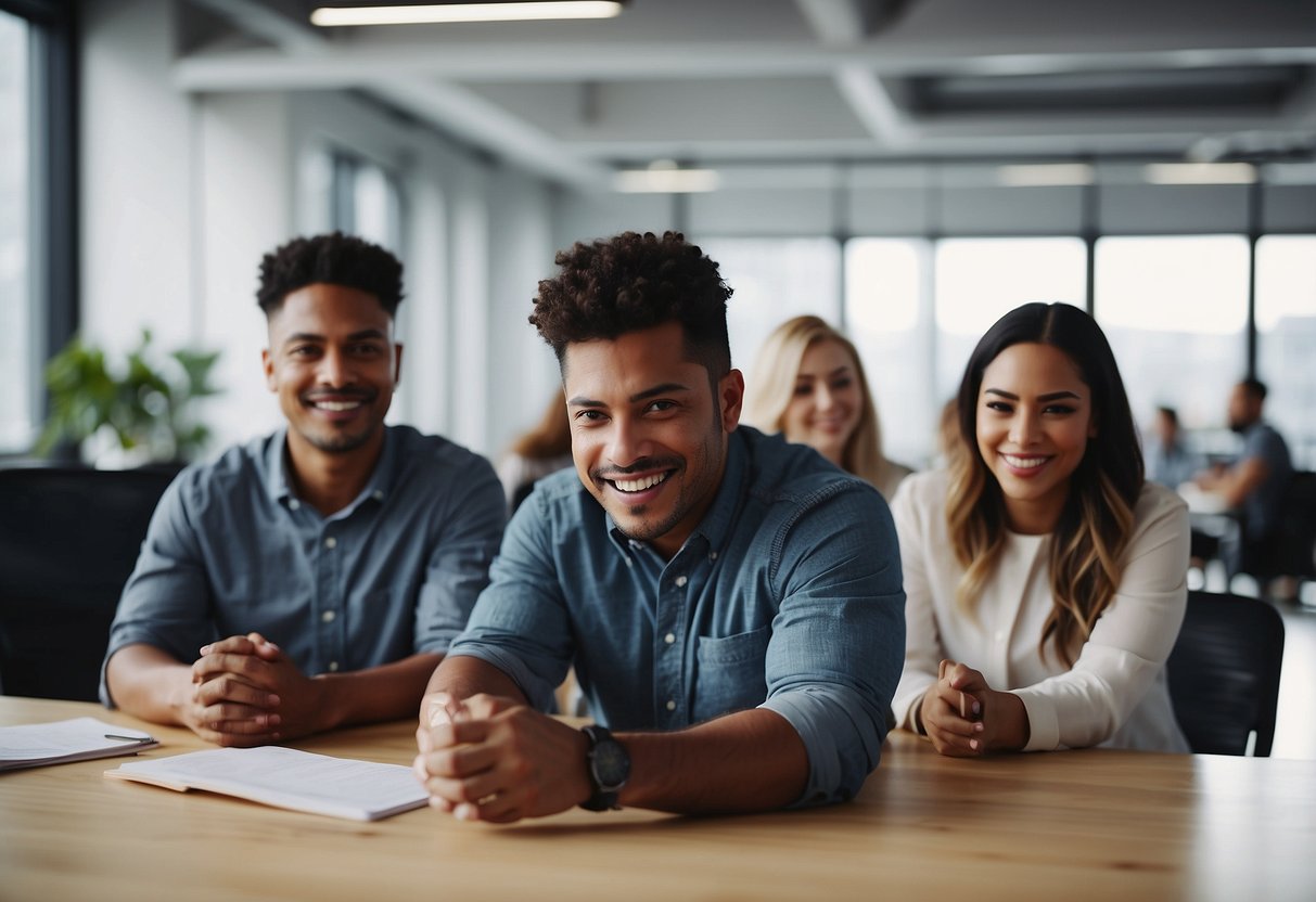 A group of diverse individuals engage in team-building exercises and skill development workshops in a bright, modern office space