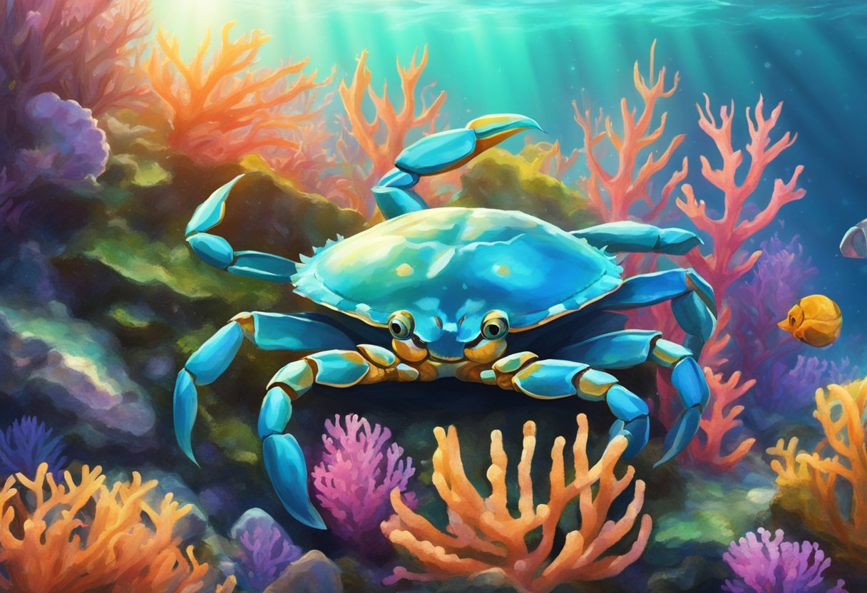 Crabs scuttle among colorful coral and seaweed in Crab Kingdom. Sunlight filters through the water, casting a warm glow on the bustling crustaceans