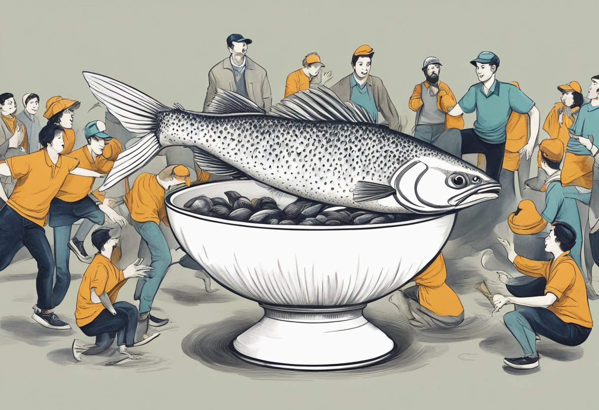 A fish leaping out of a bowl, surrounded by curious onlookers