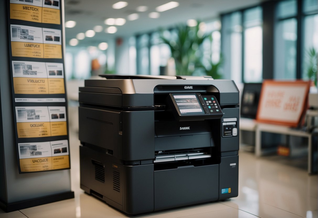 A printer surrounded by promotional banners and signs in a Singaporean office