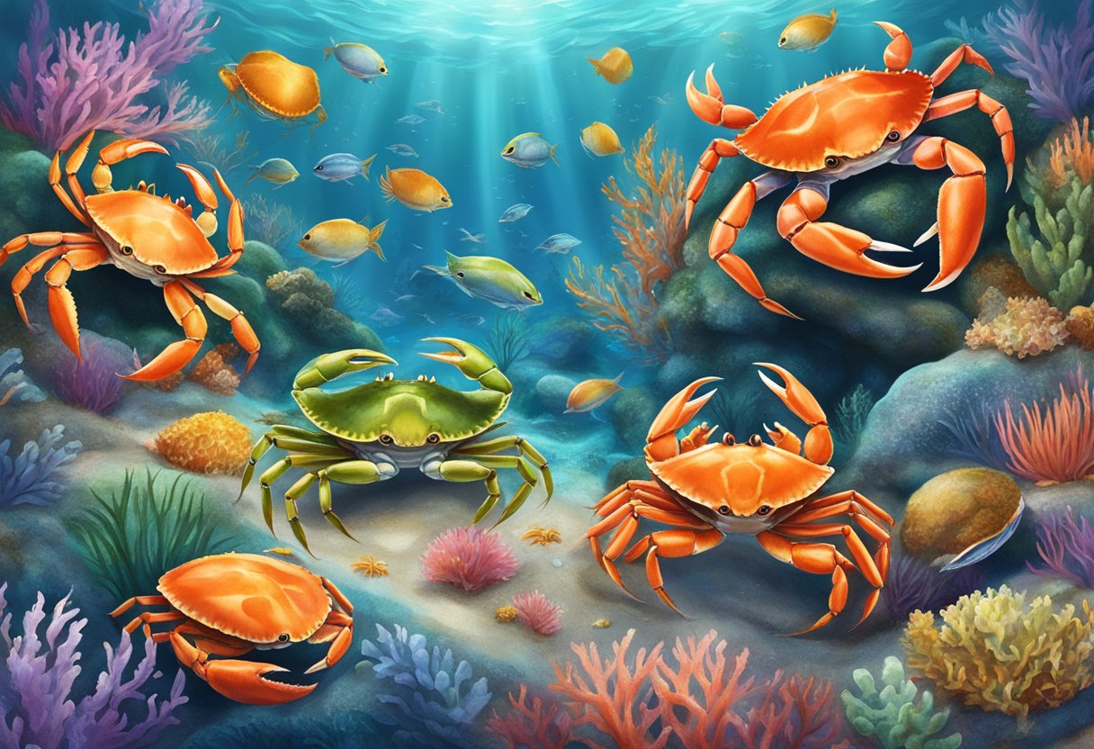 A bustling crab kingdom with colorful underwater flora and fauna, a grand seafood feast, and joyful crustaceans dancing to the sound of the ocean
