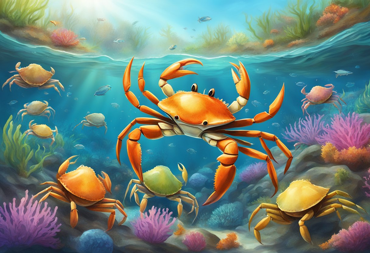 A bustling crab kingdom with various crabs asking questions in a lively and colorful underwater setting