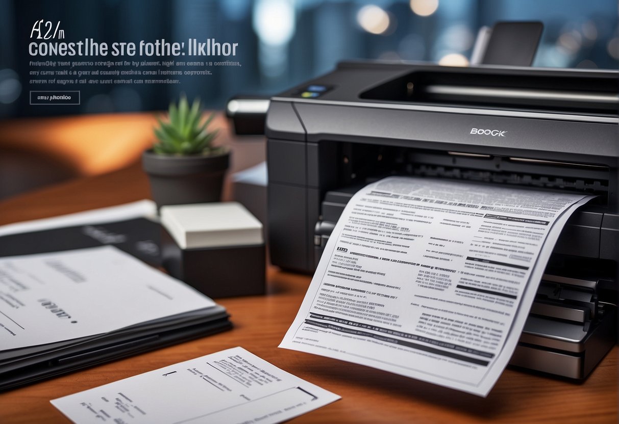 A printer surrounded by promotional materials, with the Terms & Conditions displayed prominently, set against a Singaporean backdrop