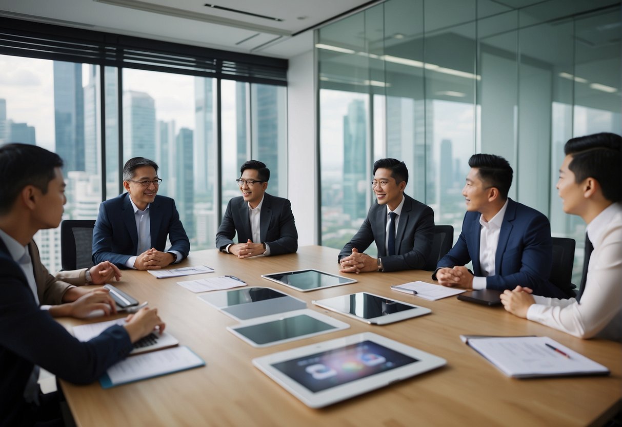 A group of business professionals gather around a conference table, discussing and comparing different broadband promotions available in Singapore. Multiple devices and charts are spread out on the table as they collaborate on their decision