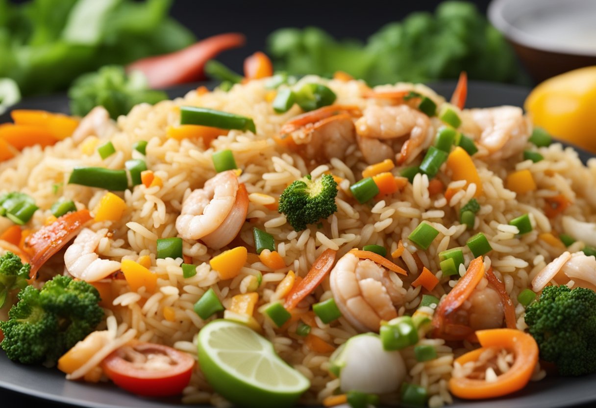 A sizzling wok tosses together crab meat, rice, and colorful vegetables, filling the air with the aroma of savory fried rice