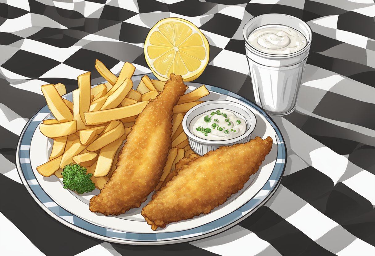 A plate of golden-brown fish and chips sits on a checkered tablecloth, surrounded by a side of tartar sauce and a wedge of lemon